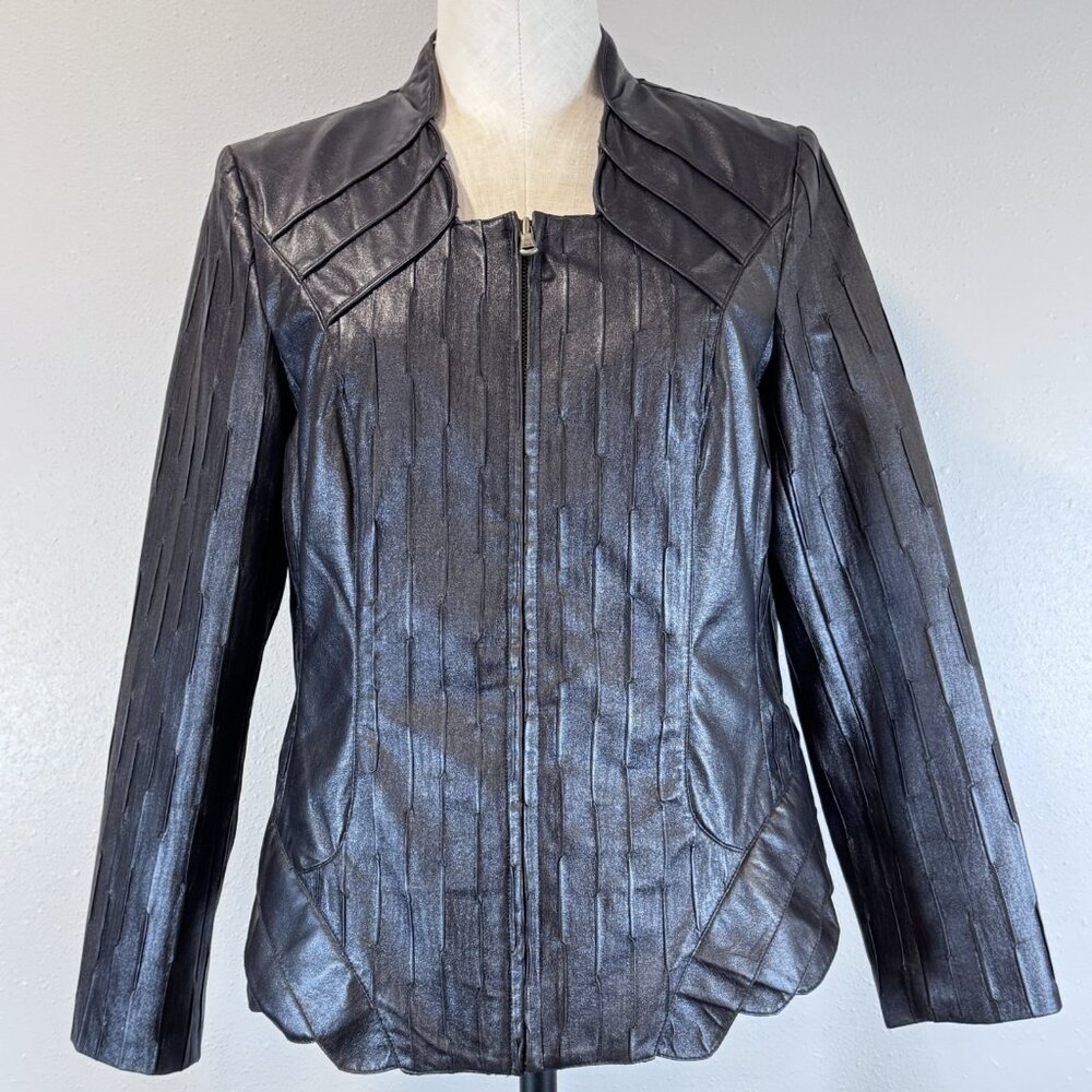 Flair Womens Motorcycle Jacket Black Full Zip Square Neck Strip Textured Size M